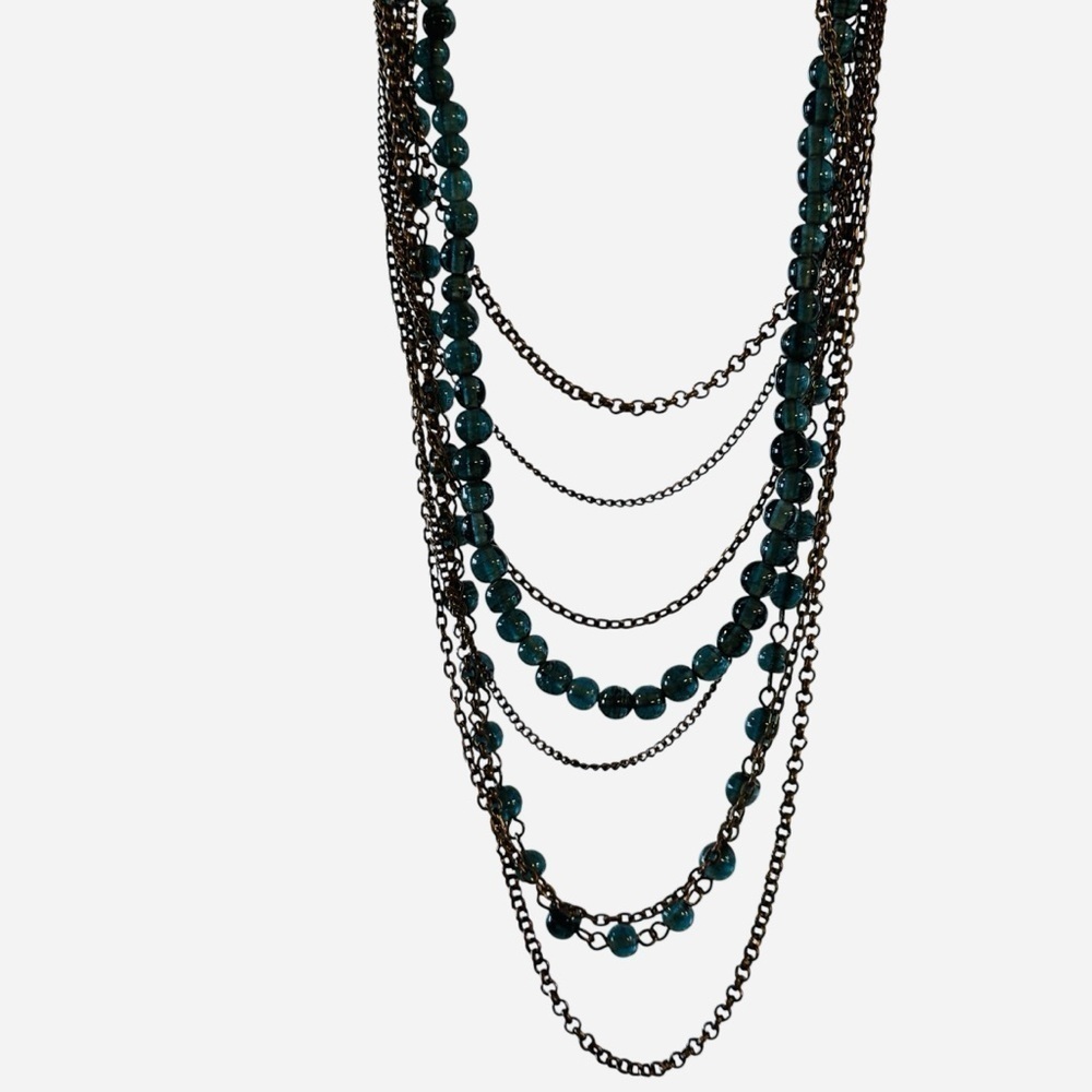Dark Blue Beaded Chain Tier Necklace